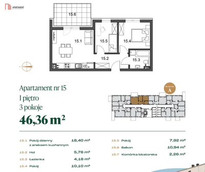 46,36 mkw, 3 pokoje, balkon, 1. piętro – Rypin - 3
