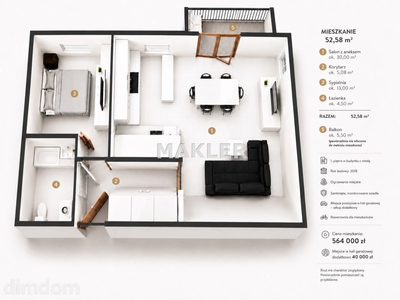 2 pokoje | 52,58 m² | Balkon | Szwederowo - 2